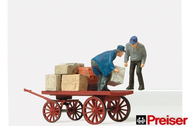Preiser 28084 Dock Workers w/Cart 2 Workers & Cart w/Packages 1:87