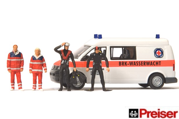 Preiser 33261 Emergency Volkswagen T 5 Van With 2 EMT & 2 Divers Neustadt Water Rescue Team